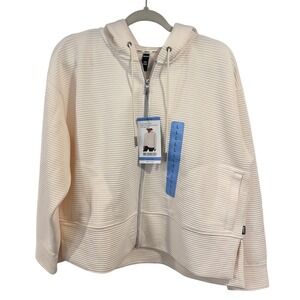 DKNY Womens Ottoman Full Zip Hoodie Sand Beige Ribbed Jacket Large DP4J9567